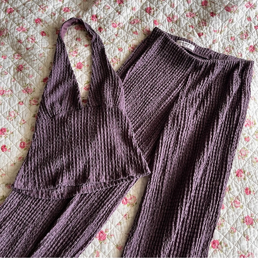 [Pull&Bear] Plum Textured Two-Piece Halter Top & Wide-Leg Pants